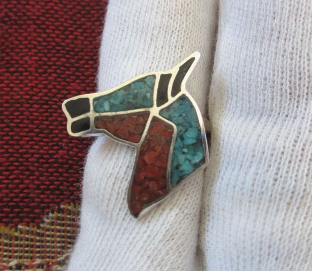 1970'S Zuni Or Navajo Sterling, Turquoise, Coral Chip & Onyx Horse Ring, Sz 5.75