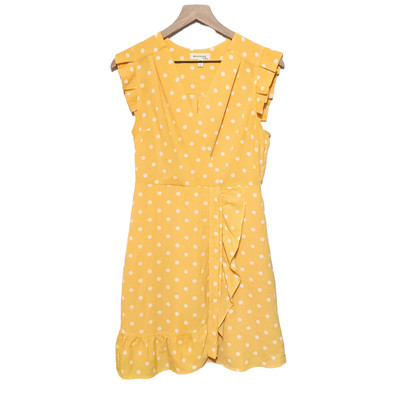 Monteau M Yellow White Polka Dot Faux Wrap Ruffle Hem Dress Short Ruffle Sleeve