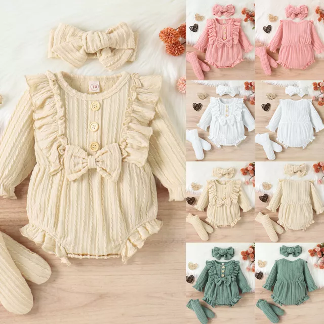 Newborn Baby Girl Ruffle Romper Bodysuit Jumpsuit Headband Clothes Outfits Set