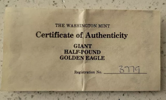 1993 Washington Mint Giant Half Pound Golden Eagle .999 Silver 8OZ 24 Karat Gold 3
