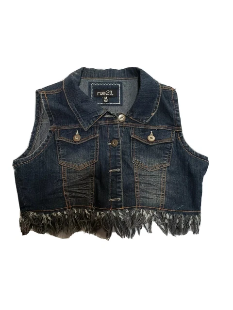 Rue 21 Womens Sleeveless Jean Vest Size Medium Fringe Hemline Button Front