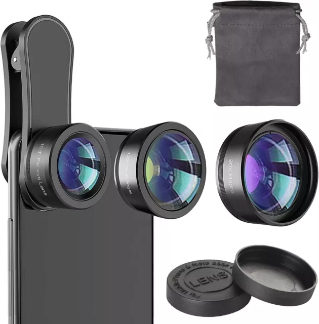 Phone Camera Lens 3-in-1 Kit:120° Super Wide Angle +198° fisheye Lens+ 20x Macro