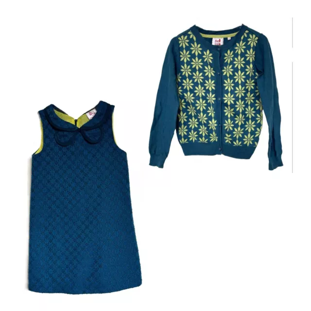 Little Leona - Retro Style Dress & Cardi - Size 7 - Petrol Blue & Chartreuse