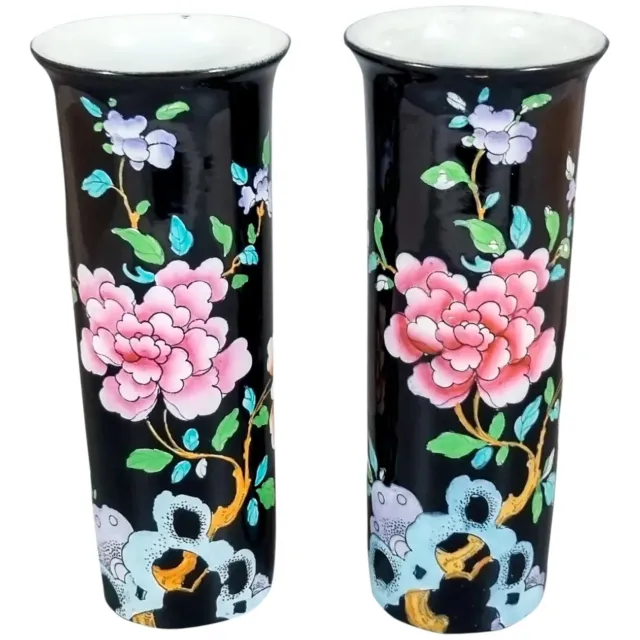 "Sheraton" Chinoiserie polychrome blossom tree cylinder vase pair, Wood & Sons