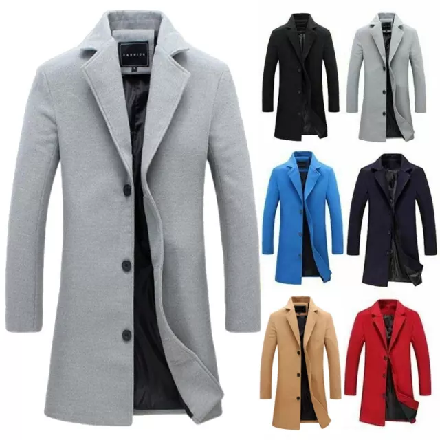 Mens British Coat Jacket Casual Wool Blend Trench Overcoat Warm Long Outwear