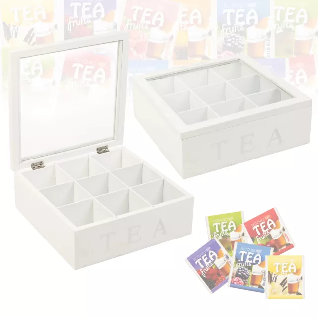 Wooden MDF Tea Box 9 Section Clear Lid Compartments Container Bag Caddy Chest