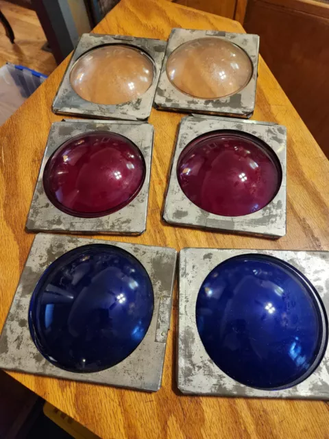 6x Vintage glass bubble metal framed 5 1/4" dia lenses (clear, red, blue, 2 ea.)