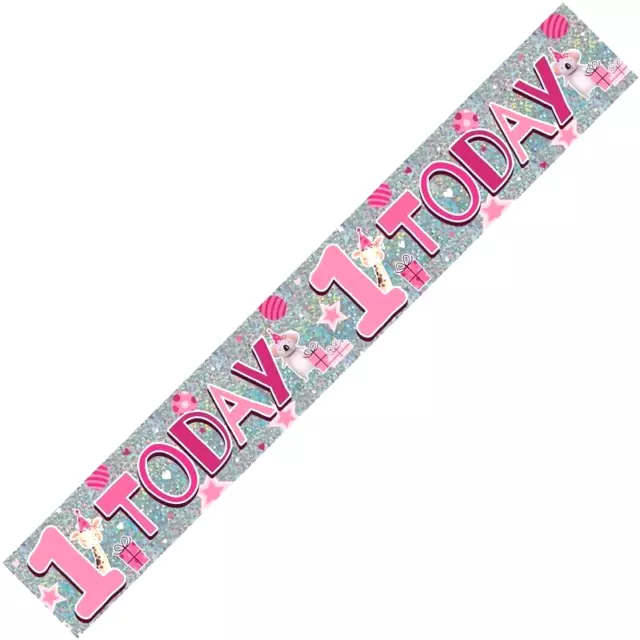 Girls 1St Birthday Party Banner - Cute Holographic - Pink Age 1 - Fast Dispatch
