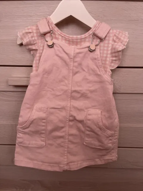 Primark Baby Girl Pink Denim Pinafore Dress Check Gingham T-Shirt 12-18 Months
