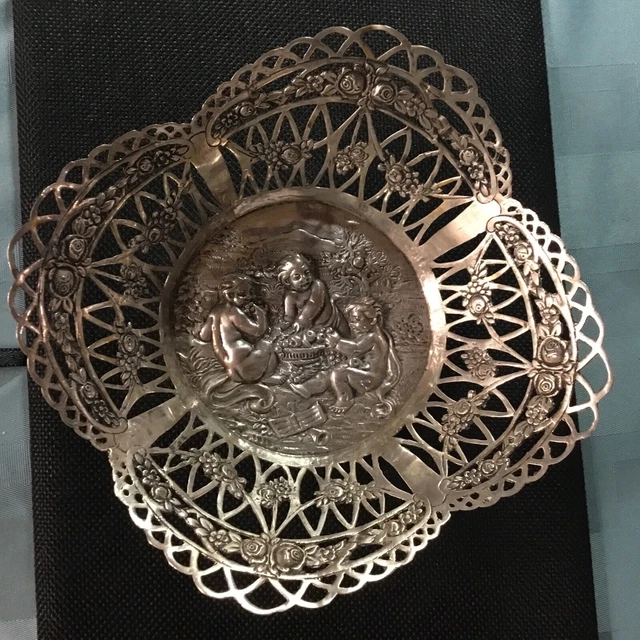 Antique Victorian Decorative Sterling Silver Bowl With 3 Putti In Orchard