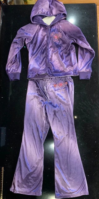 Disney Kids Purple Velvet Velour Tracksuit Outfit Flower Embroider Preteen Shiny