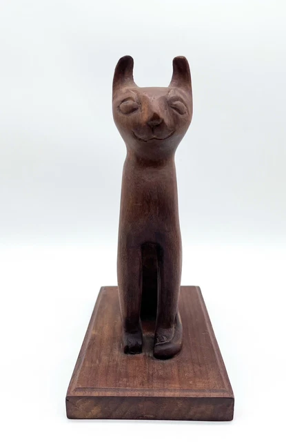 Solid Wood Hand Carved Cat Statue