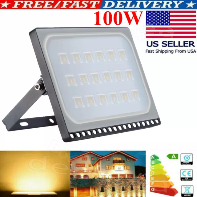 100W LED Flood Light 12000LM Warm White Outdoor Spotlight Yard Garden Lamp New