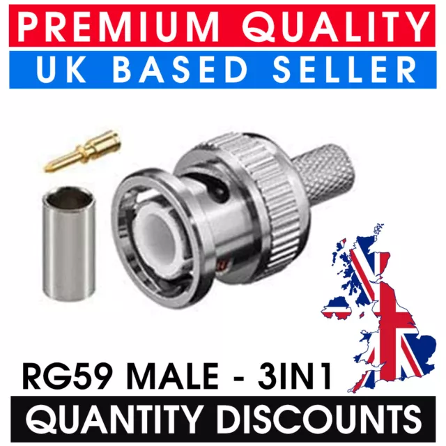 Bnc Crimp Male Rg59 Connector 3 In 1 Coupler Coaxial Coax Cable Plug Cctv Camera