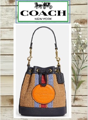 NWT COACH MINI Dempsey Drawstring Bucket Bag w/Patch In NATURAL Straw & Leather Â£122.62 