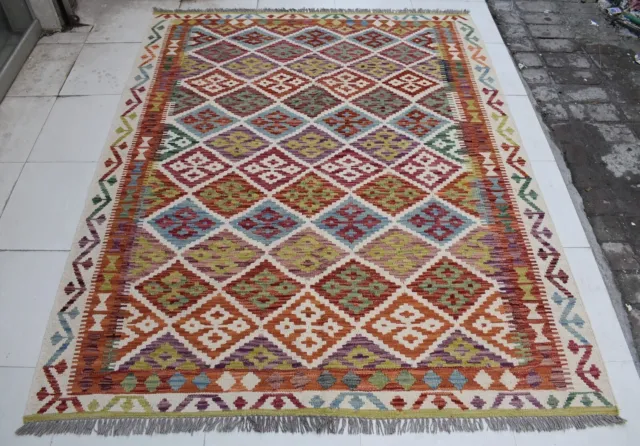 5'4 x 6'7 Handmade afghan tribal khotrang wool area kilim rug, 5x7 persian rug