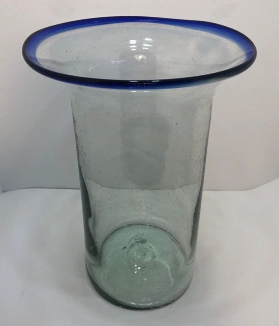 LARGE 12” MEXICAN Hand blown Art Glass Vase w/ Cobalt Blue Rim EUC 44.