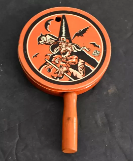 Vintage US Metal Toy Halloween Tin Litho Rattle Noisemaker Owl Witch Wood Handle