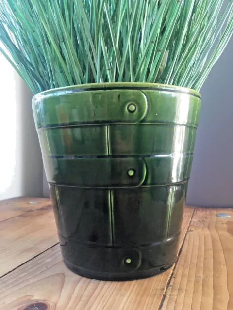 Antique Green Bretby Pottery Coopered Barrel Jardiniere Vase Plant Pot 2118 H