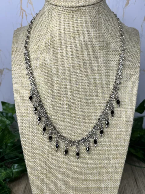 Boho Peruvian Alpaca Silver Dangly Black Crystal Bead Necklace Ethnic 209