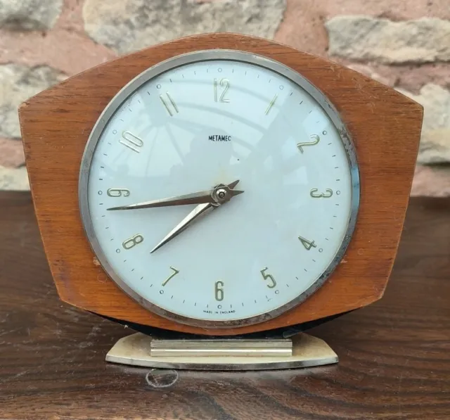 Sleek Vintage Retro Teak Metamec 1980s Art Deco Mantel Clock Original mechanical