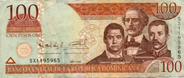 FR3-Dominicana-100 pesos oro-voir état(risque déchirure, pliure, trou,etc...)