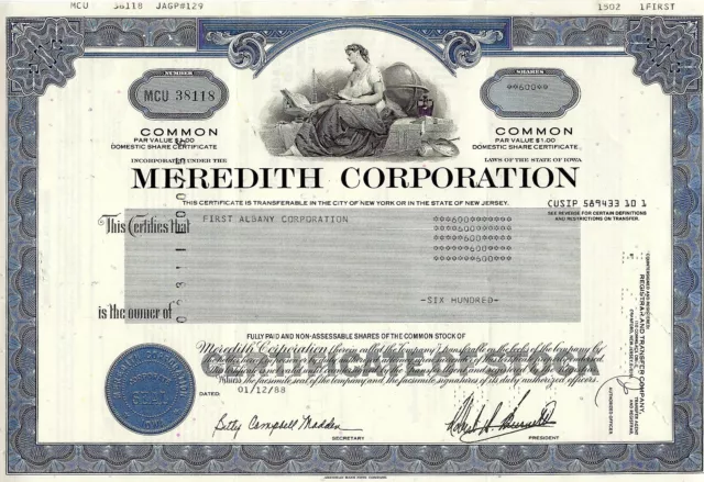 Meredith Corporation, New Jersey, 1988 (600 Shares)