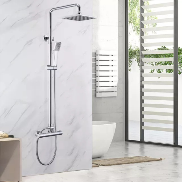 Bathroom Thermostatic Shower Mixer Faucet Set Square Chrome  Double Head Valve