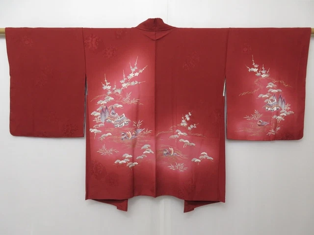 1126T01z560 Japanese Kimono Silk HAORI Dark red Mandarin duck