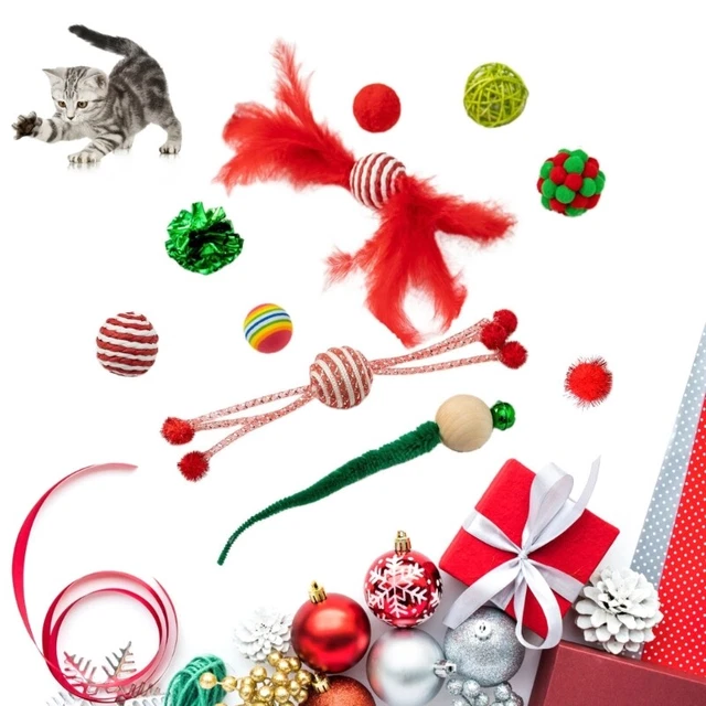 Cat Teaser Toy with Colorful Balls Mouse Christmas Kitten Teaser Set
