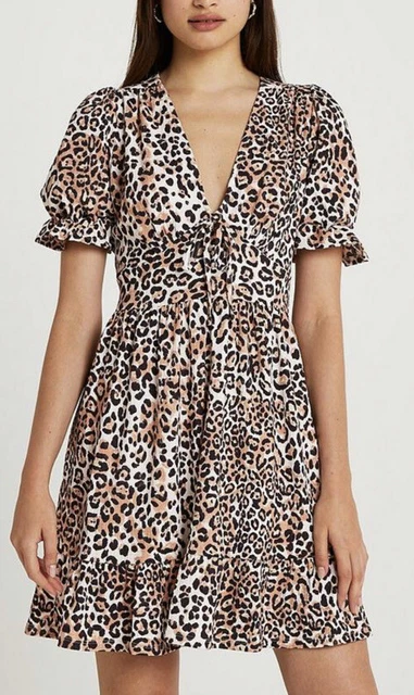 Mini abito con stampa leopardata River Island manica gonfia collo a V taglia 12 nuovo con etichette imballo originale £42,99