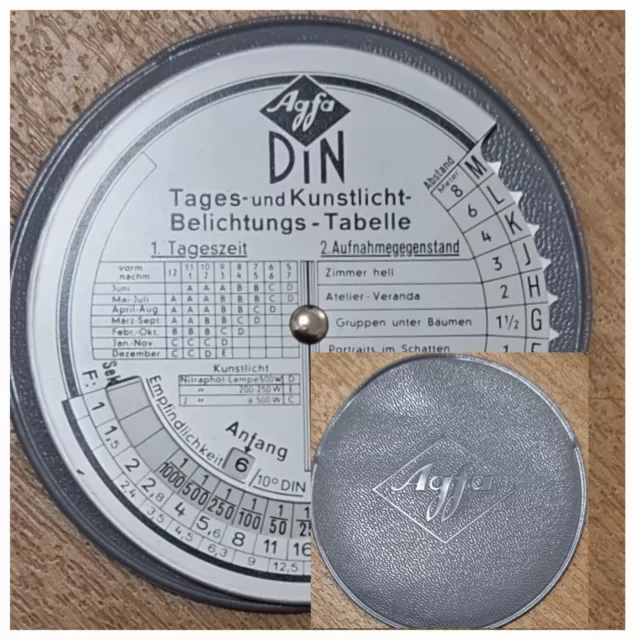 Agfa DIN Belichtungsscheibe / Belichtungstabelle 1950er, silbernes Blech