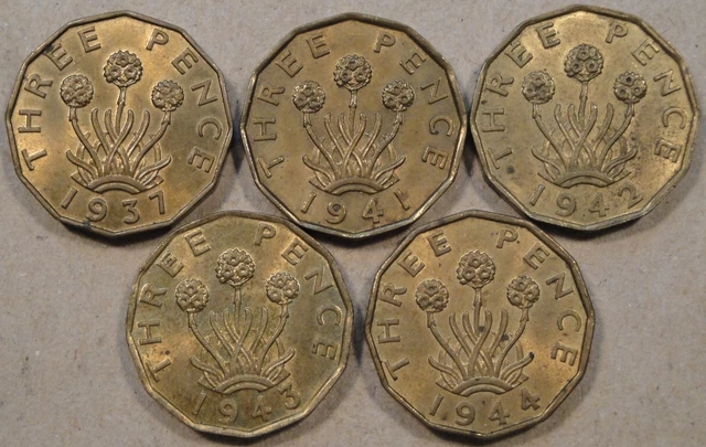 Great Britain 5 Brass Three Pence 1937,41,42,43,+44 Better Grade-Unc