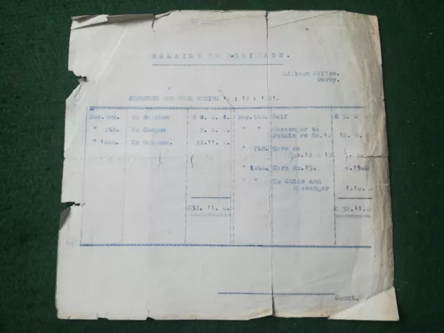 1921 I.R.A. Liason Office Derry Expenses Paperwork Irish War Of Independence.