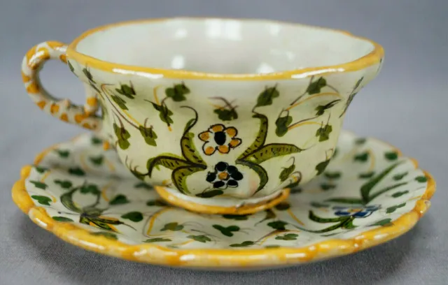 Cantagalli Italian Majolica Hand Painted Floral Tea Cup & Saucer Circa 1890-1920