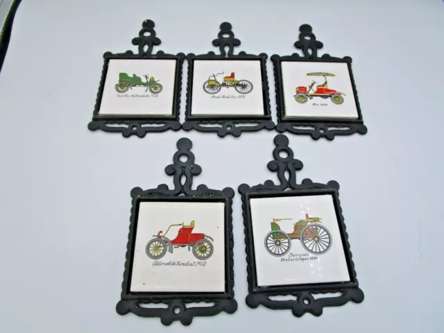 Vintage Set of 5 Cast Iron Ceramic Tile ANTIQUE AUTOMOBILE CAR TRIVET Coasters
