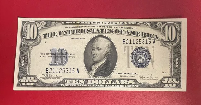 1934 ($10) Ten Dollar Blue Seal Silver Certificate