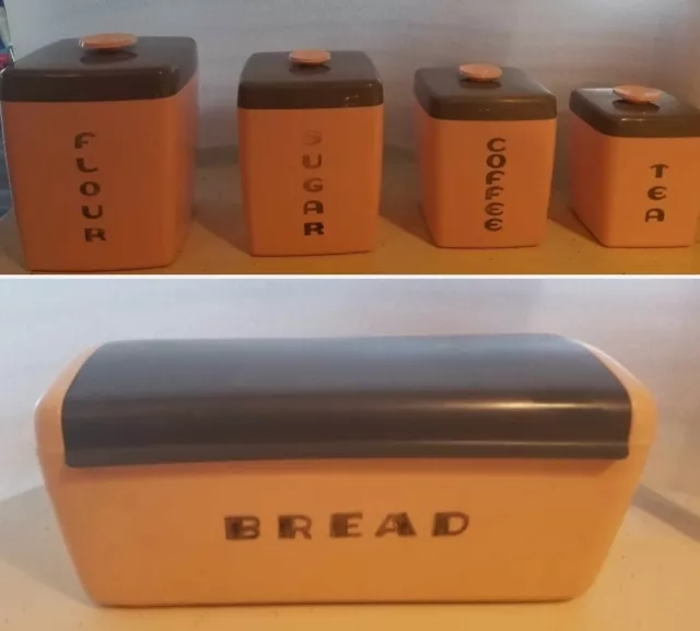 1950s Vintage Lustro Ware Pink & Gray Canister Set Of 4 with matching Bread Box