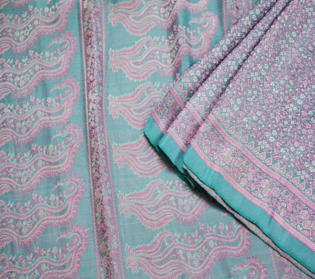 Vintage Blue Heavy Saree Pure Satin Silk Hand Woven Brocade Indian Sari 5yd