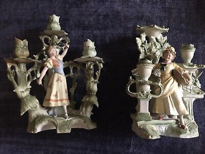 Set Antique Female Figures Bisque Damaged 3-arm Candelabra Boudoir Candle Holder