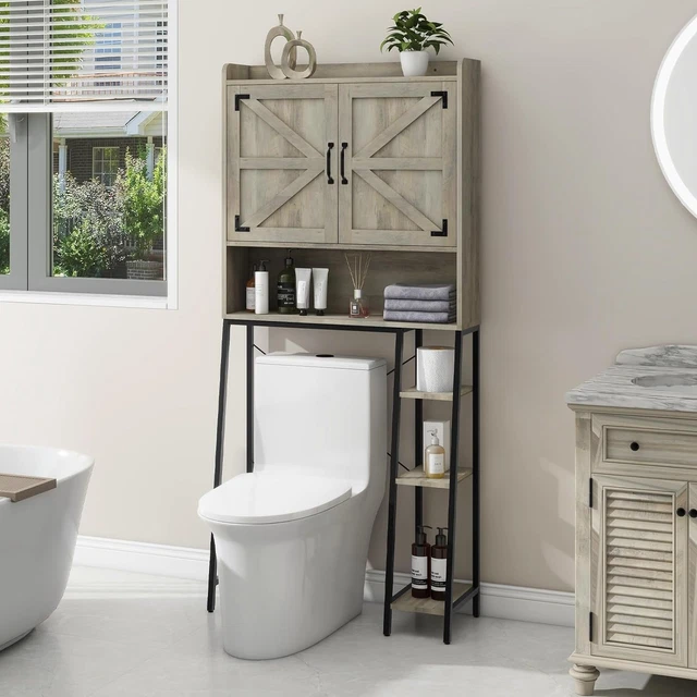 Over The Toilet Storage Cabinet With Sliding Doors - Farmhouse Style Bathroom Organizer With Paper Holder