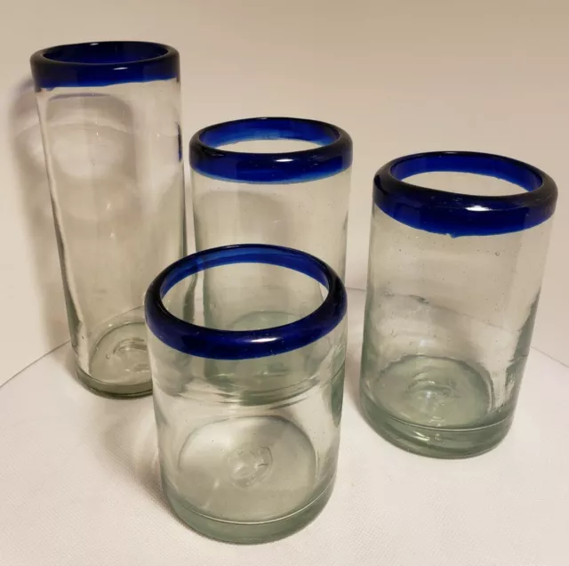 (4) Vintage Hand Blown Mexican Cobalt Blue rim Glasses mixed sizes. Thick heavy