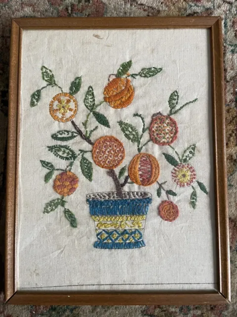 Vintage Crewel Orange Tree Potted Flowers Dated 1969 MCM Boho Needlepoint