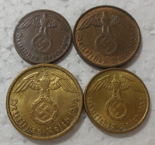Wwii Era Nazi Coins 1 2 5 & 10 Pfennig With Swastika 1930'S High Grade Lot