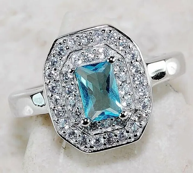 2CT  Aquamarine & White Topaz 925 Solid Sterling Silver Ring Sz 6 IB2-1