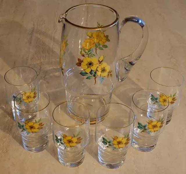 7 tlg. Saftservice 6 Gläser + Karaffe Blumen Dekor 70er Jahre DDR Vintage