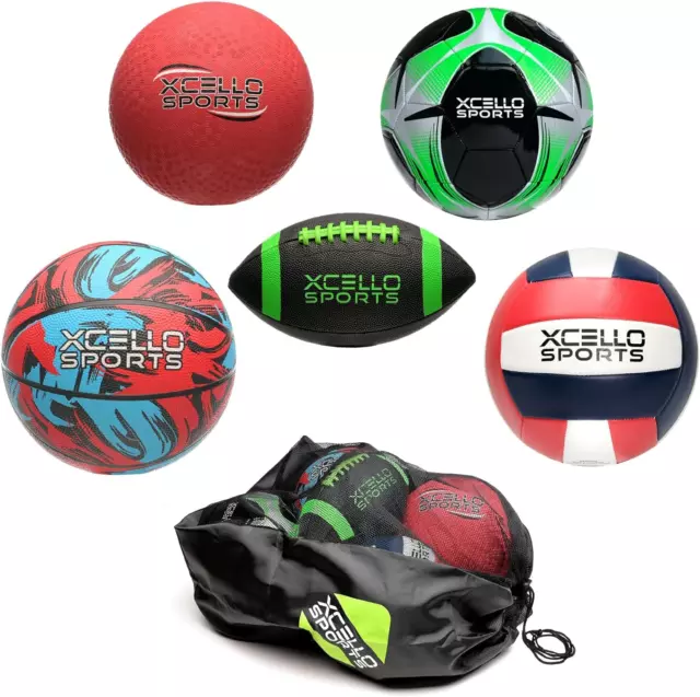 Xcello Sports Multi-Sport 5-Ball Set - Jr. Football, Official B7 Basketball, 5