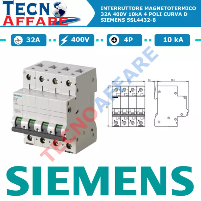 Interruttore Magnetotermico 32A 400V 10 kA 4Poli Curva D Siemens 5SL4432-8