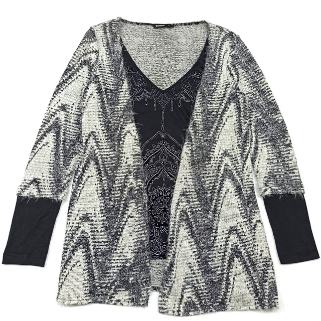 Desigual Cardigan & Shirt Taglia M Soffice Doppio Top Bianco/Nero / Jersey Medio