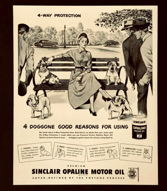 1949 Sinclair Motor Oil Advertisement Woman with Bulldogs Park Vintage Print AD